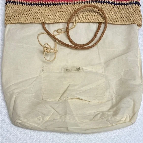 MAR Y SOL Tote Hampton Striped Raffia Toggle Closure Lined Leather Handles - Picture 3 of 11